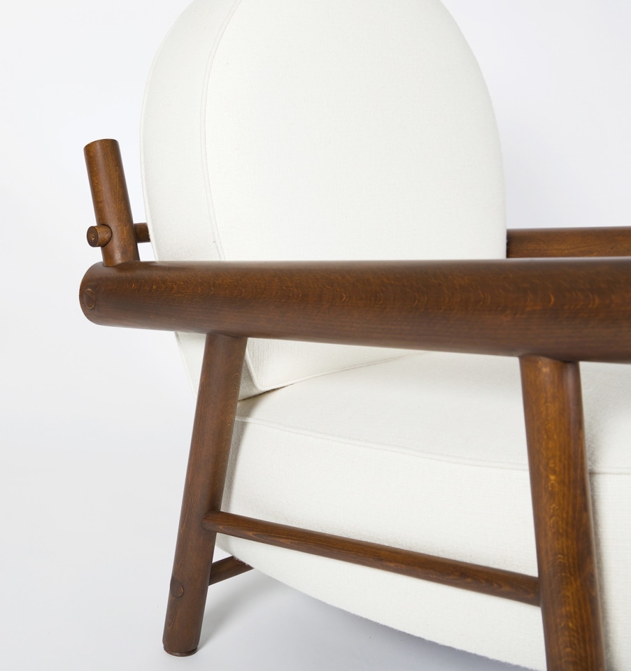 Attributed to Charlotte Perriand, pair of armchairs, close up view of arms and wooden frame of single chair
