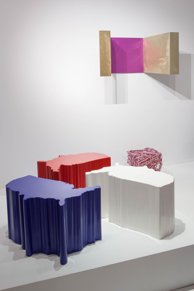 Forrest Myer's Altar, installation view from Art et Industrie exhibition with Dan Friedman's USA tables below