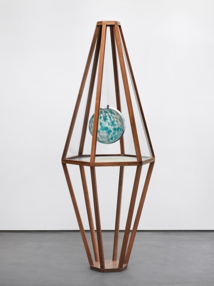 Julian Charri&egrave;re We Are All Astronauts, 2014/2022 the work is accompanied by a signed certificate of authenticity found globe, abraded with international mineral sandpaper, abraded dust from globe&lsquo;s surface, wood and glass vitrine 93 x 36 x 30 inches (236.2 x 91.4 x 76.2 cm)