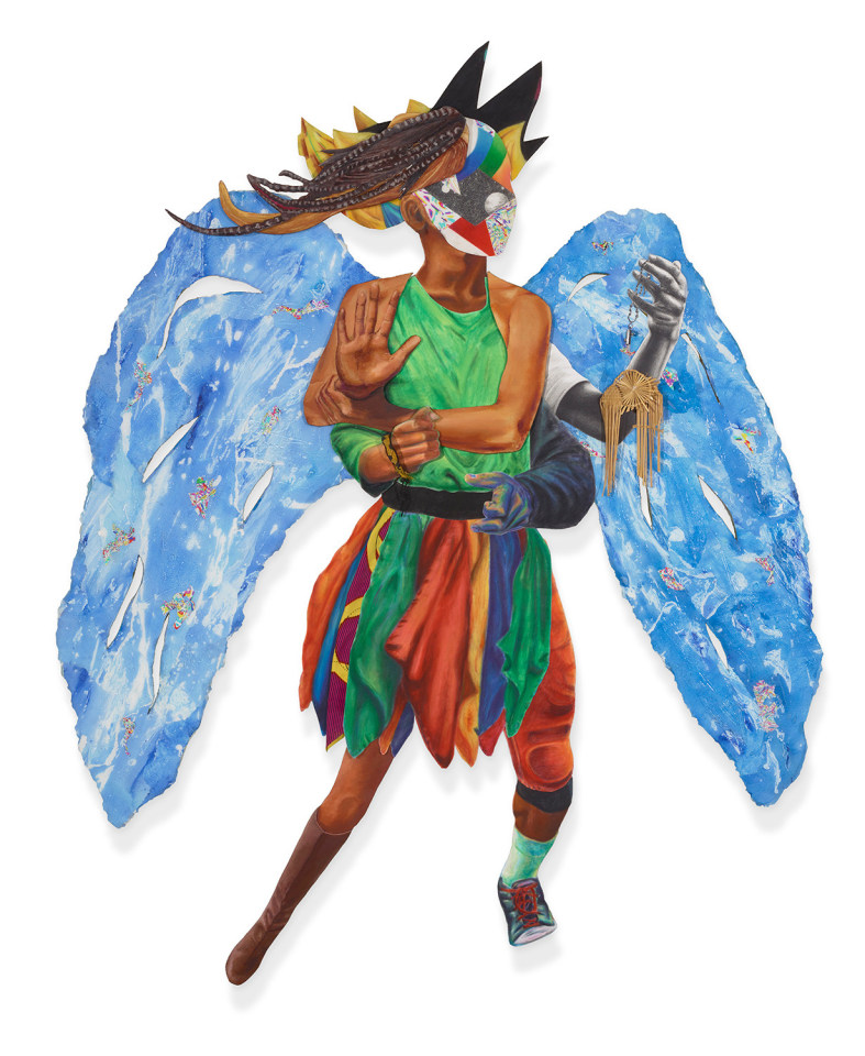 Donald Guevara, Nuevo &Aacute;ngel, 2023., Acrylic paint on panel, oil pastel, watercolor, fabric, bracelet from Copan, wings of a straw angel, Sandeply wood.