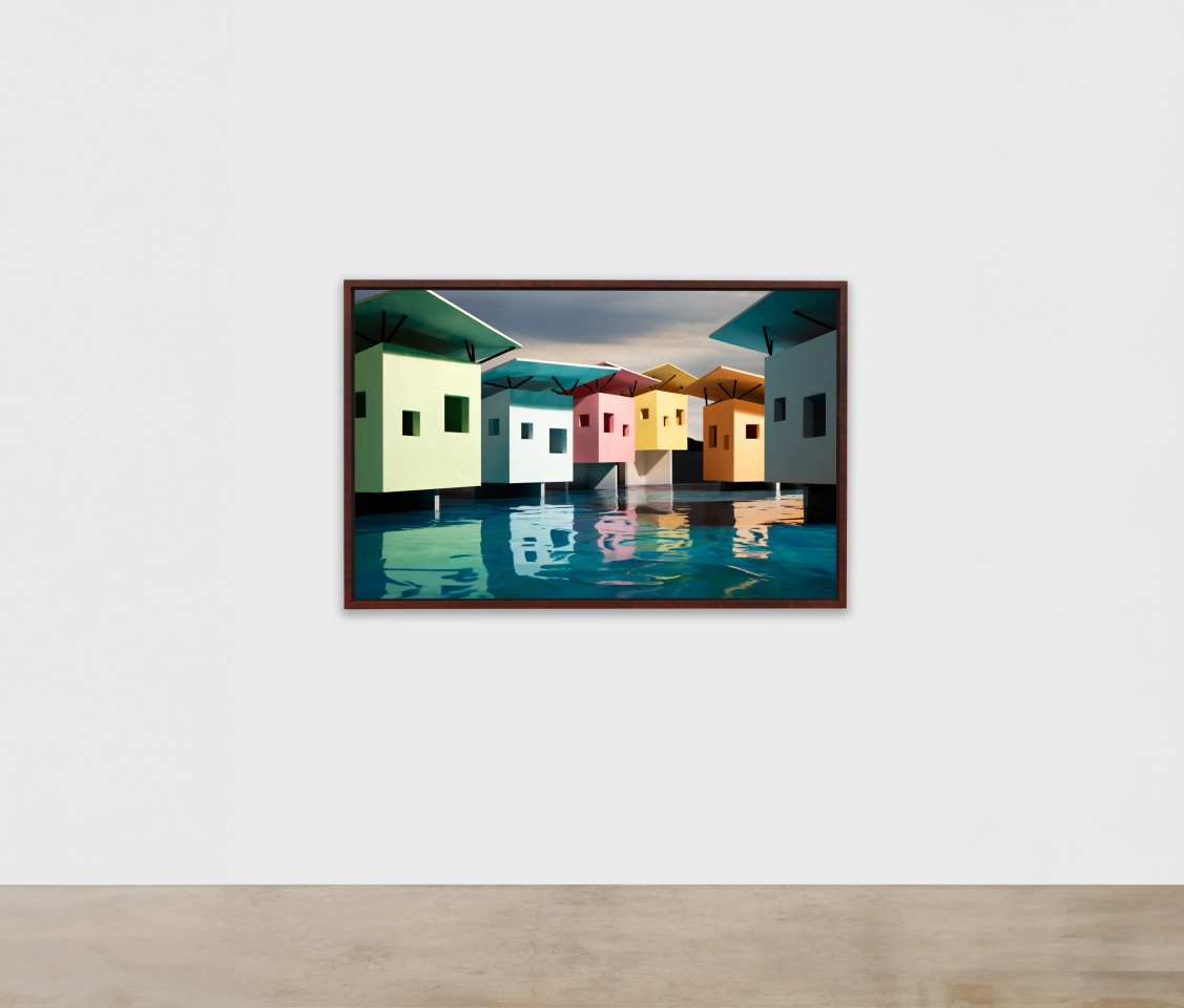 James Casebere,&nbsp;Beach Huts (Day), 2024, framed archival pigment print mounted to Dibond, paper: 42 9/16 x 66 3/4 inches framed: 45 3/8 x 69 9/16 x 2 1/4 inches&nbsp;&copy; James&nbsp;Casebere Courtesy: the artist and Sean Kelly, New York/Los Angeles