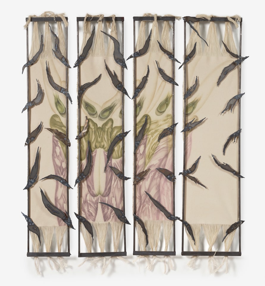 Athena Quispe, Andean Amalgamutation of Prison Art, 2023., Quadriptych. Cochineal, chlorophyll, human fluids, ink, polymer, steel, pulverized citrine, and powered pigment.