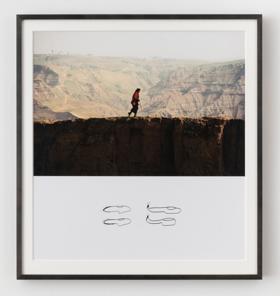 Marina Abramović The Lovers (4 Shoes), 1988 / printed 2019 the work is accompanied by a signed certificate of authenticity framed and matted color photograph with unique drawing by the artist below the image image: 16 3/8 x 23 7/8 inches (41.6 x 60.6 cm) paper: 28 9/16 x 26 7/16 inches (72.5 x 67.2 cm) mat opening: 25 1/4 x 23 7/16 inches (64.1 x 59.5 cm) frame: 29 3/8 x 27 1/4 x 1 9/16 inches (74.6 x 69.2 x 4 cm) from a series of 12 color photographs with 2 APs (this is number 7), each with a unique drawing (MA-1.11.7)