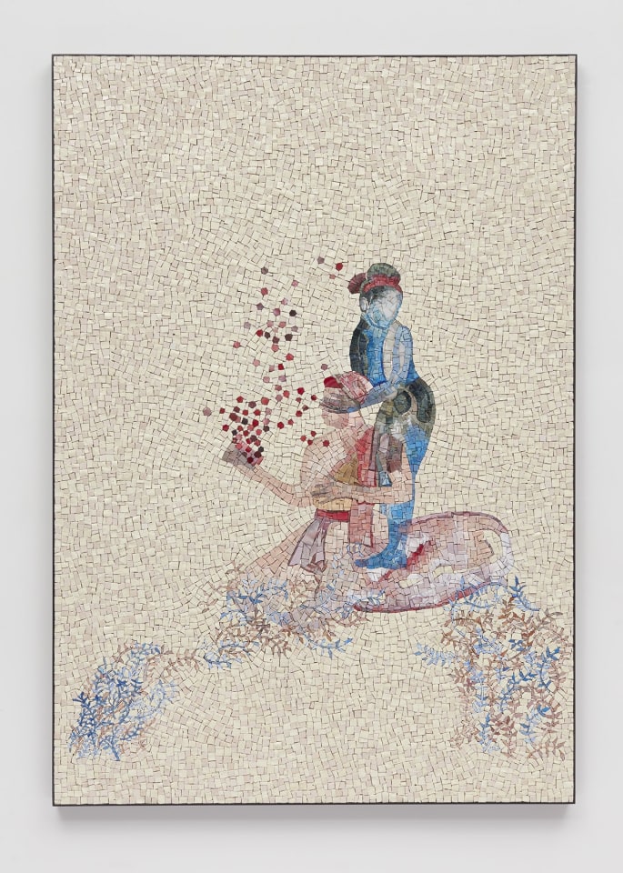 Double Sight, 2018, glass mosaic with patinated brass frame