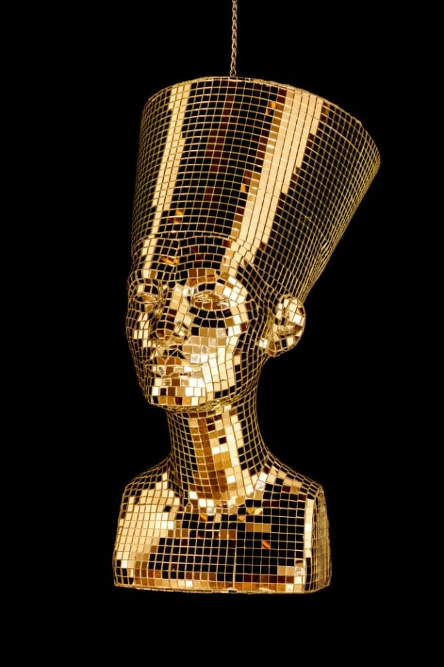 Awol Erizku Nefertiti - Miles Davis (Gold), 2022 hard coated foam, mirror tile, chain and rotating electric motor 30 x 15 x 23 inches (76.2 x 38.1 x 58.4 cm) edition of 5 with 2 APs (#3/5) (AE-13.3)