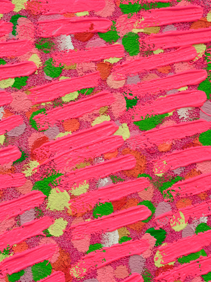 Jennifer Guidi, Thoughts of Love (Painted Universe Mandala, Fluorescent Pink, White Sand, Bright Yellow, Yellow, Dark Orange, Orange, Peach, Green, White, Natural Ground), 2022