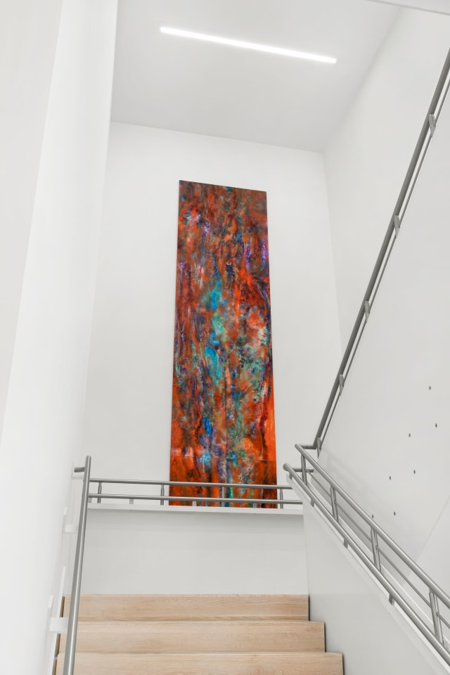 Lucy Bull, 13:13, 2024. Oil on linen. Triptych; overall 468 x 54 x 1 in. The artist and David Kordansky Gallery. Photo by Zachary Balber.