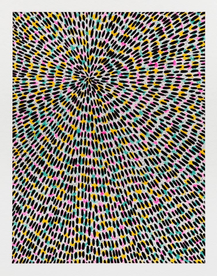 Jennifer Guidi, Untitled (Black Gouache Universe Mandala, Pink, Yellow and Turquoise, White Ground), 2022