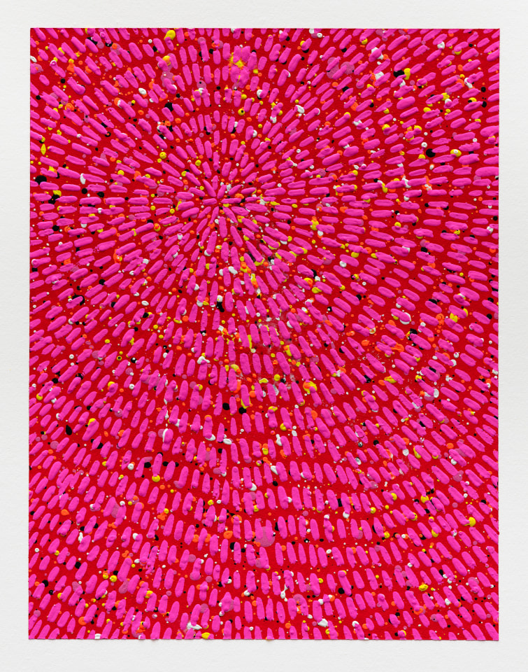 Jennifer Guidi, Untitled (Magenta Gouache Universe Mandala, Yellow, Orange, White and Black, Red Ground), 2022