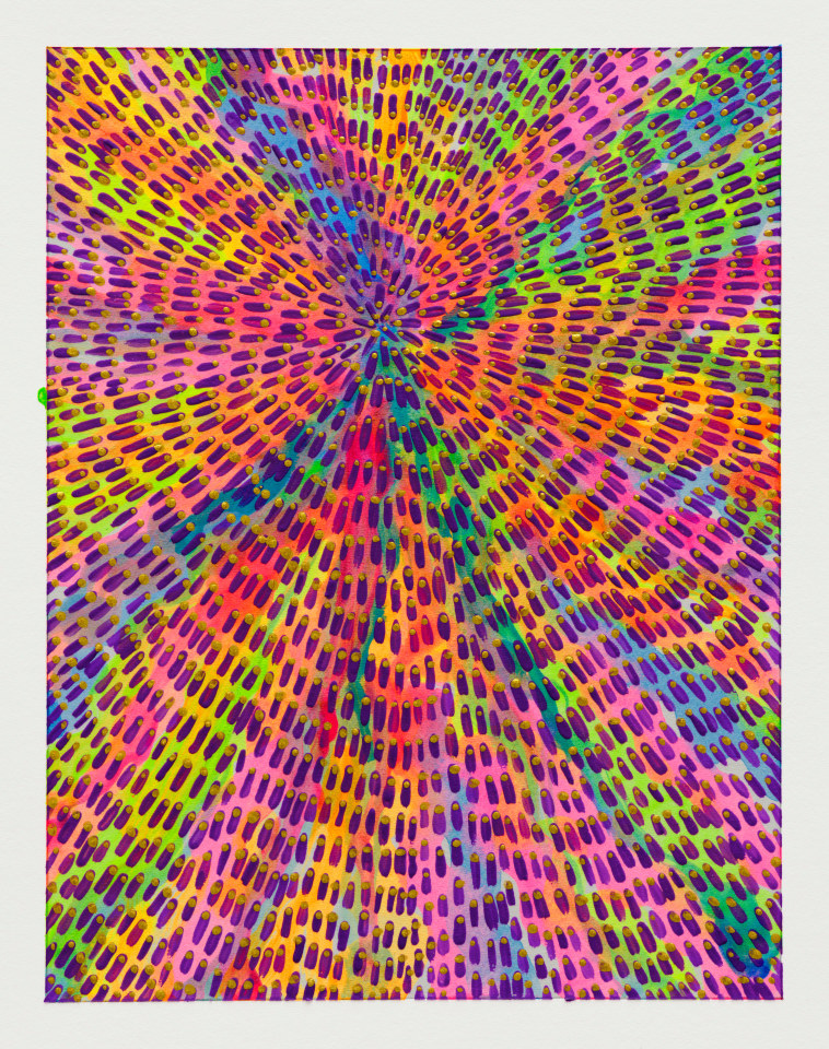 Jennifer Guidi, Untitled (Gold and Purple Gouache Universe Mandala, Multicolored Ground), 2022