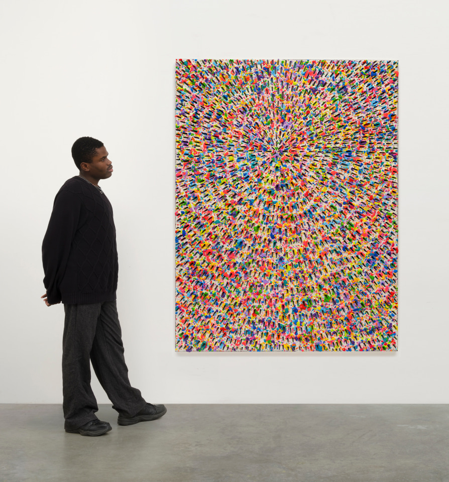 Jennifer Guidi, Everything is in Motion, Everything Vibrates, Nothing is at Rest (White Sand with Colored Sand, Black Ground), 2022