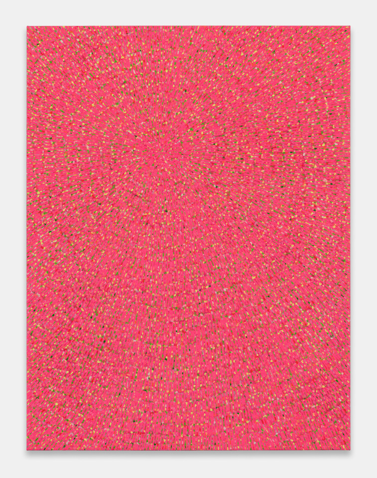 Jennifer Guidi, Thoughts of Love (Painted Universe Mandala, Fluorescent Pink, White Sand, Bright Yellow, Yellow, Dark Orange, Orange, Peach, Green, White, Natural Ground), 2022