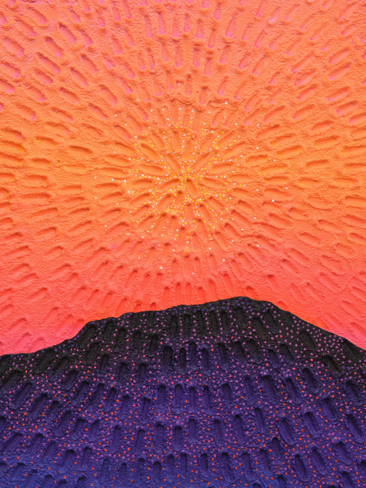 Jennifer Guidi, The Valley Between (Painted White Sand, Orange-Peach-Pink Sunset Gradient, Green, Black, Blue, Purple and Lavender Mountain, Yellow, White Pink, Green, Turquoise, Purple, Lavender and Orange, Natural Ground), 2022