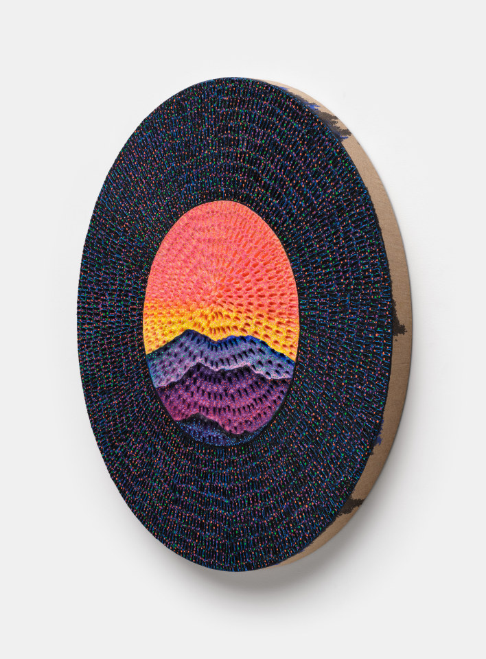 Jennifer Guidi, The Various Planes on Being and Life (Painted Natural Sand, Red-Orange-Yellow-Blue-Purple-Dark Purple Mountain, Painted Black Sand, Yellow, Red, Pink, Green and Orange, Painted Black Sand, Blue, Yellow, Green, Pink, Black Ground), 2022