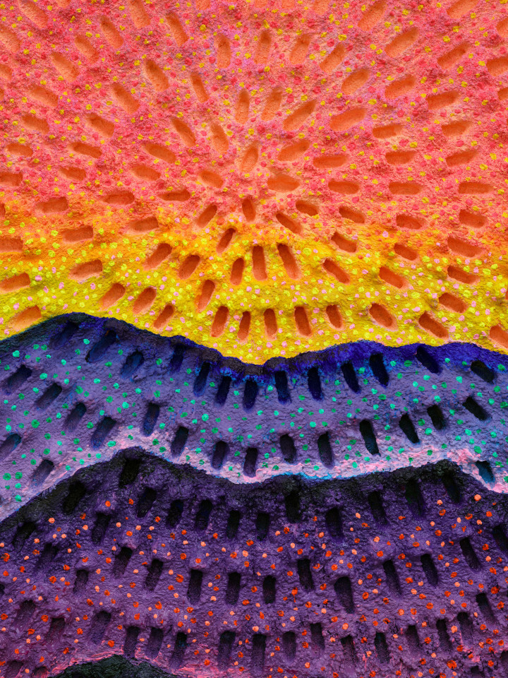 Jennifer Guidi, The Various Planes on Being and Life (Painted Natural Sand, Red-Orange-Yellow-Blue-Purple-Dark Purple Mountain, Painted Black Sand, Yellow, Red, Pink, Green and Orange, Painted Black Sand, Blue, Yellow, Green, Pink, Black Ground), 2022