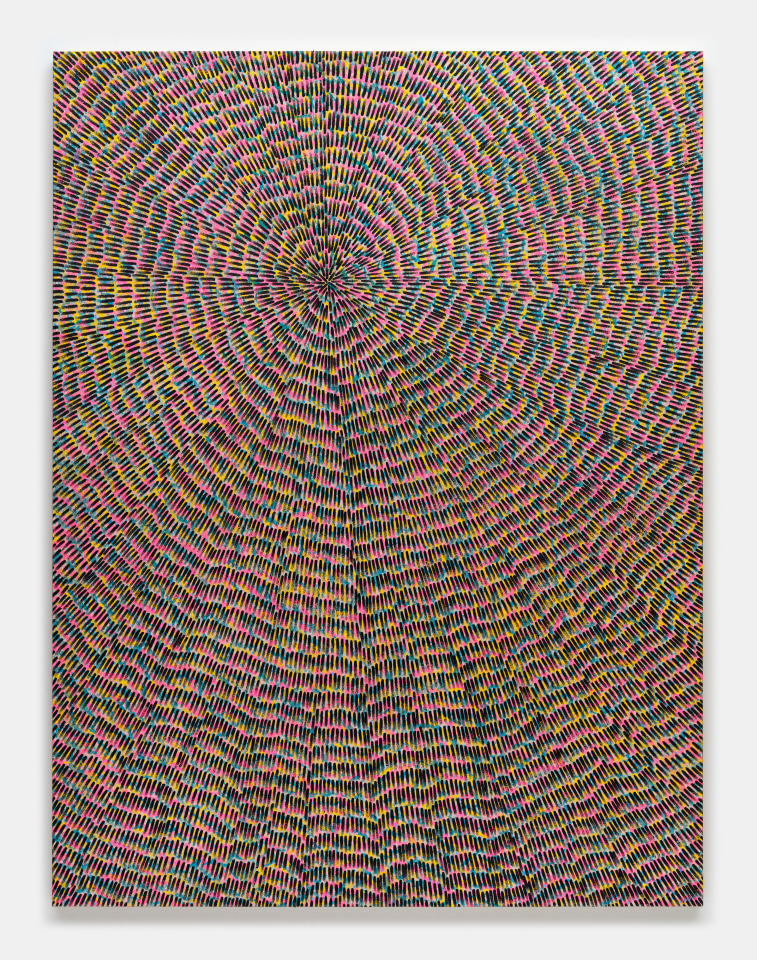 Jennifer Guidi, Waves of Color (Painted Universe Mandala, Black, White Sand, Yellow, Pink, Light Pink and Blue, Natural Ground), 2022
