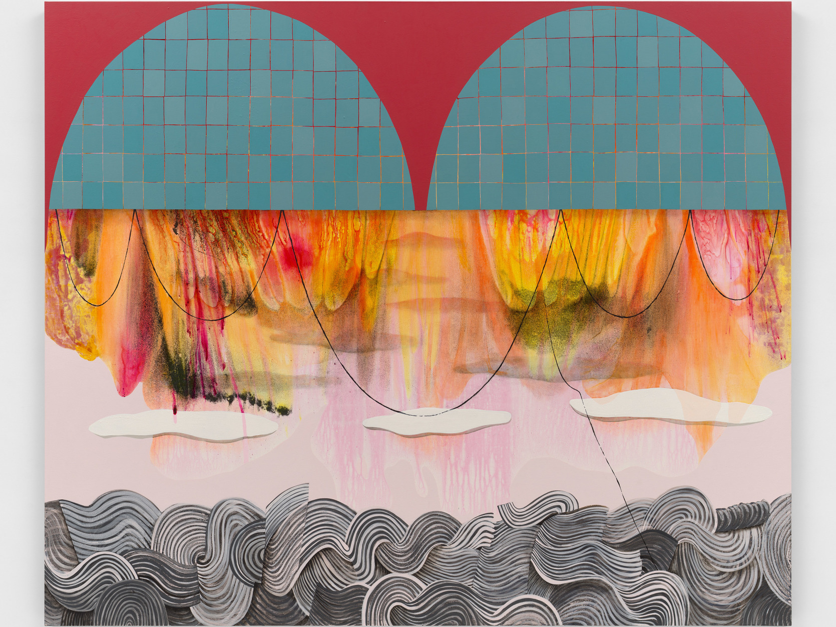 An abstract painting with tiled blue half circles with orange and yellow streaking down onto pink cloudy skies and dark water like lines.