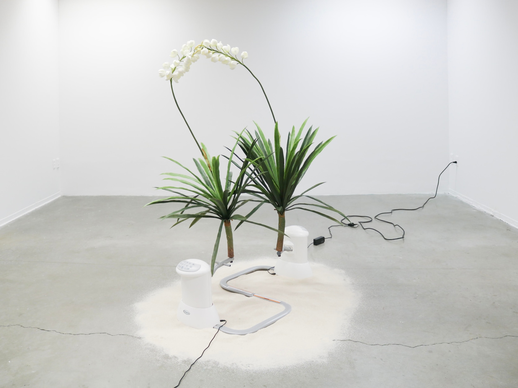 A sculpture by Rachel Youn titled "Perfect Lovers," 2023, featuring artificial yucca plants, a baby swing, and sand