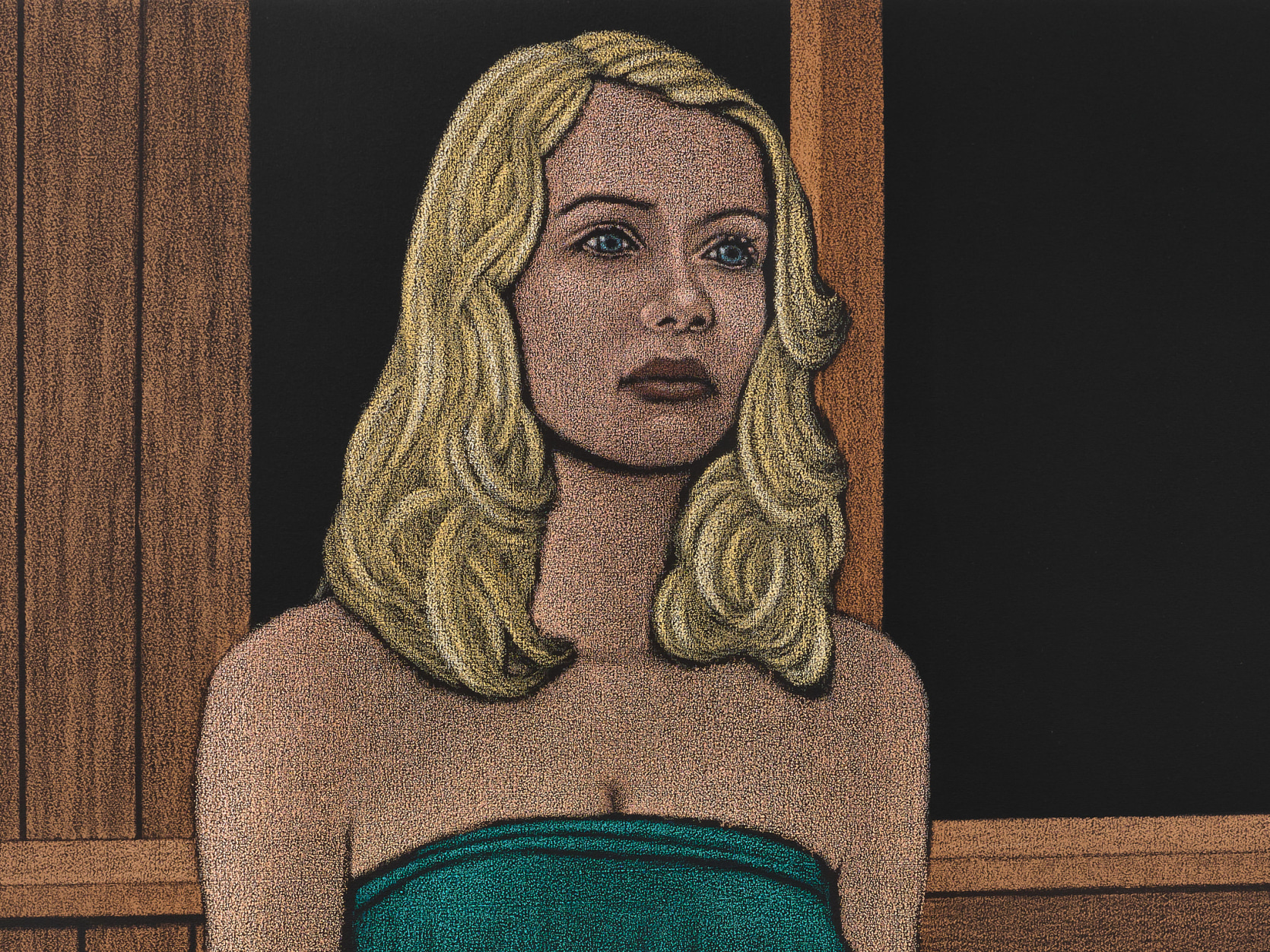 A painting made with blue oil pastels of a a woman with her eyes closed and liquid streaming down her face. 