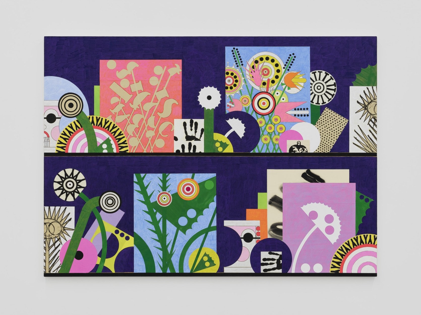 A collaged painting on a navy background with geometric flora and letter stamps and hand prints. 