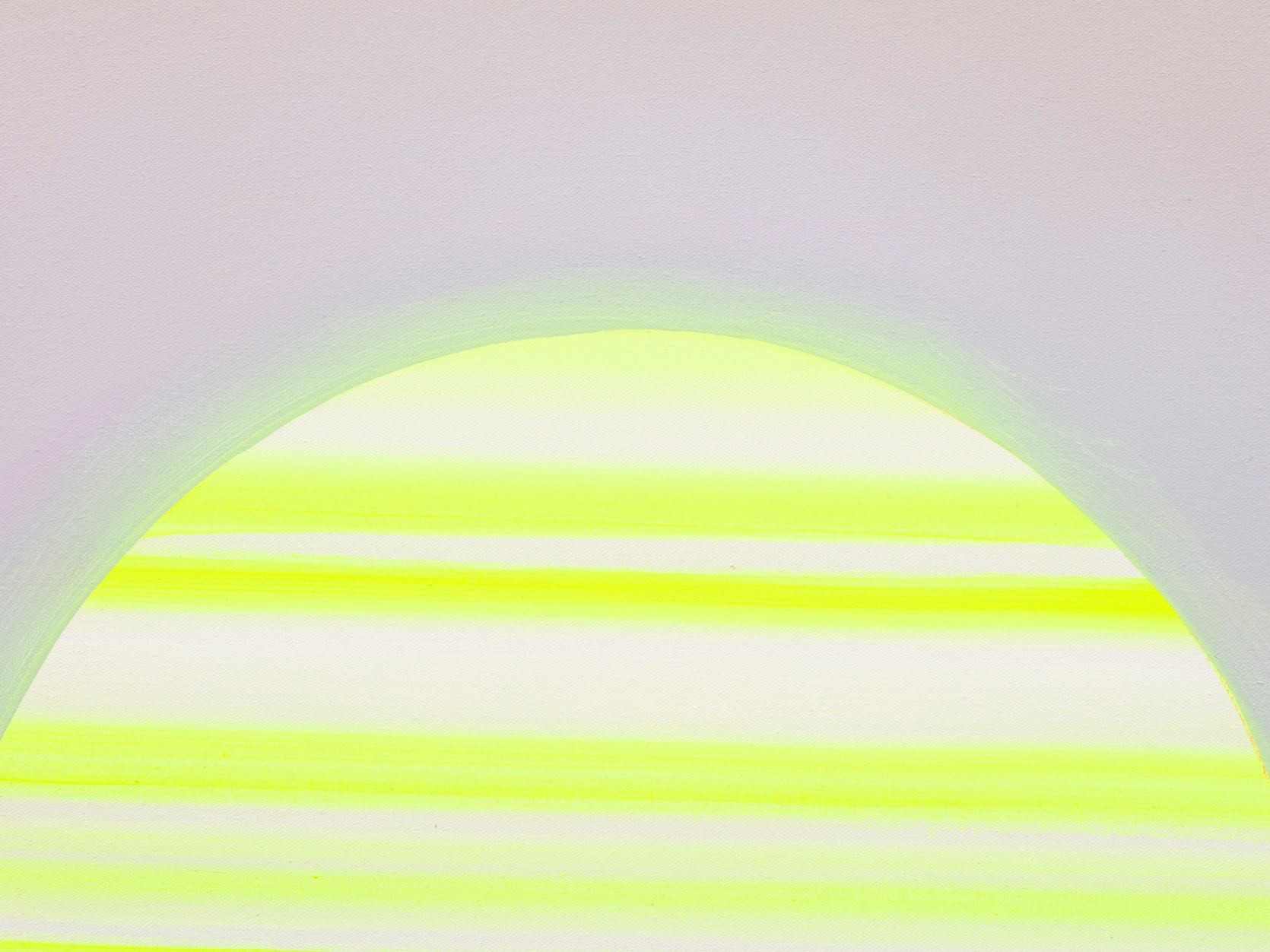 Detail of a striped neon yellow and cream moon in a painting by Wanda Koop