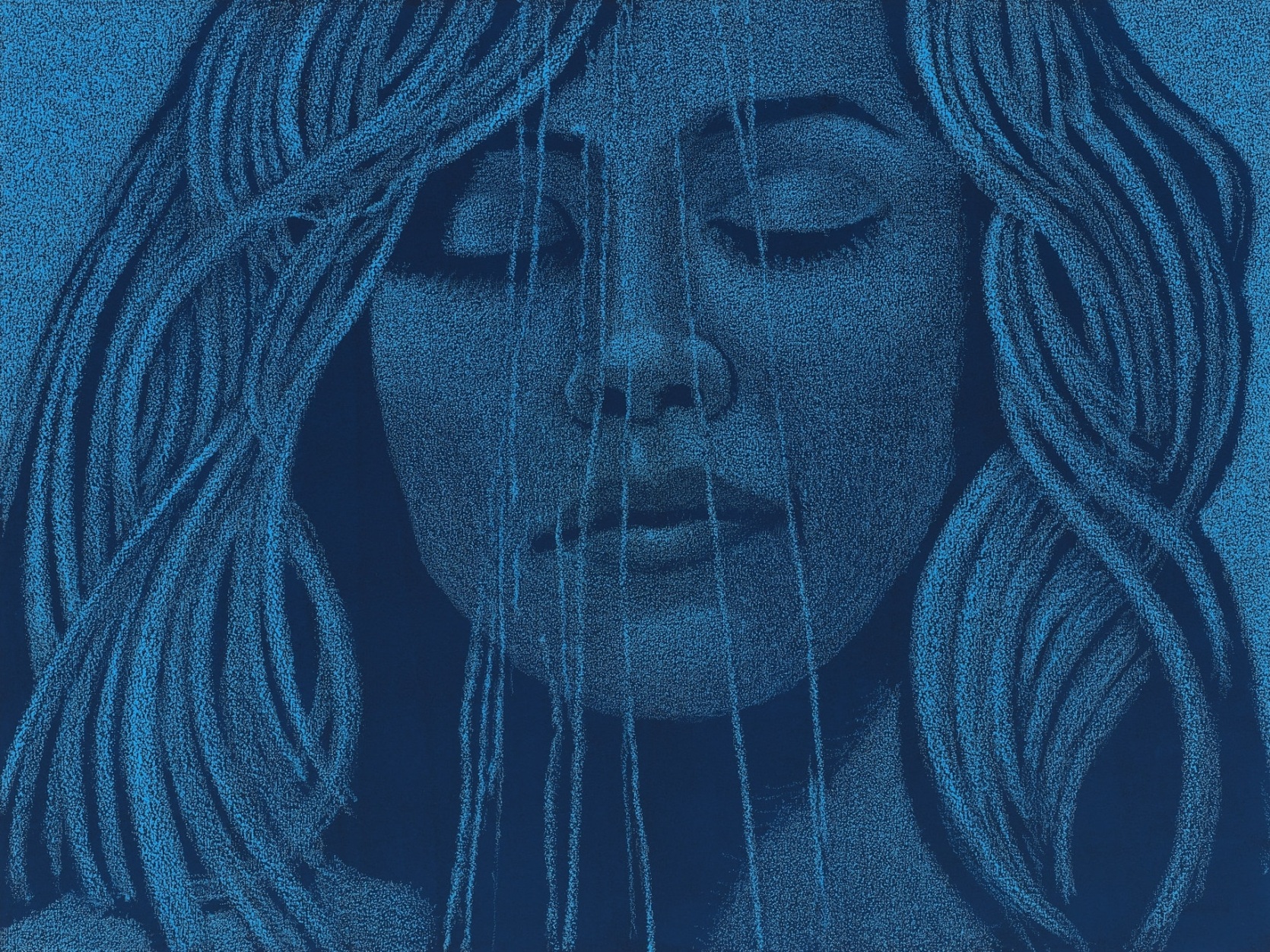 A painting made with blue oil pastels of a a woman with her eyes closed and liquid streaming down her face. 