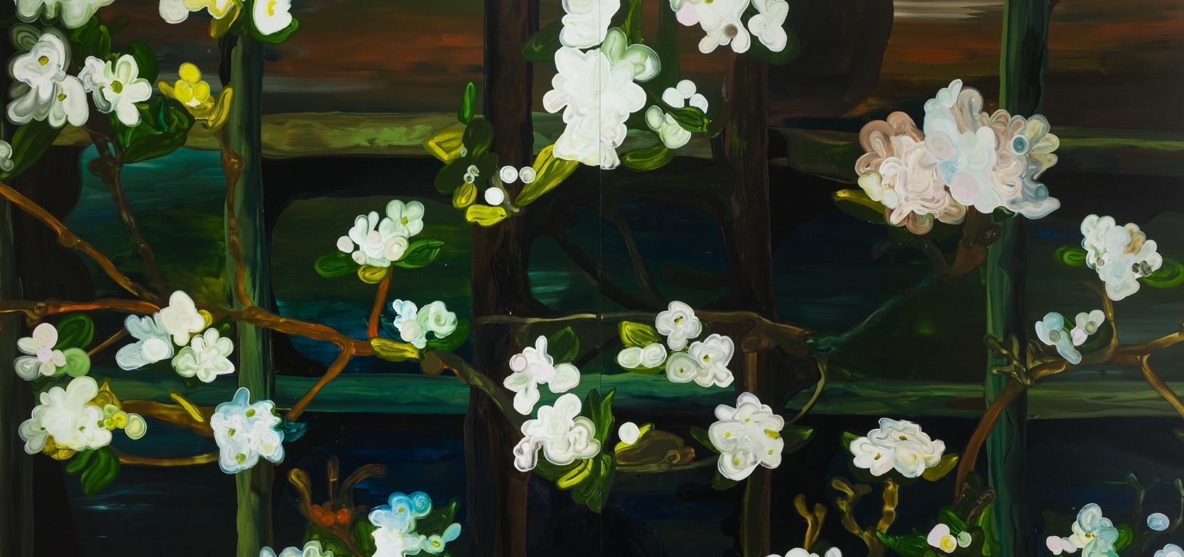An oil painting of a vine on a trellis with white blooming flowers.