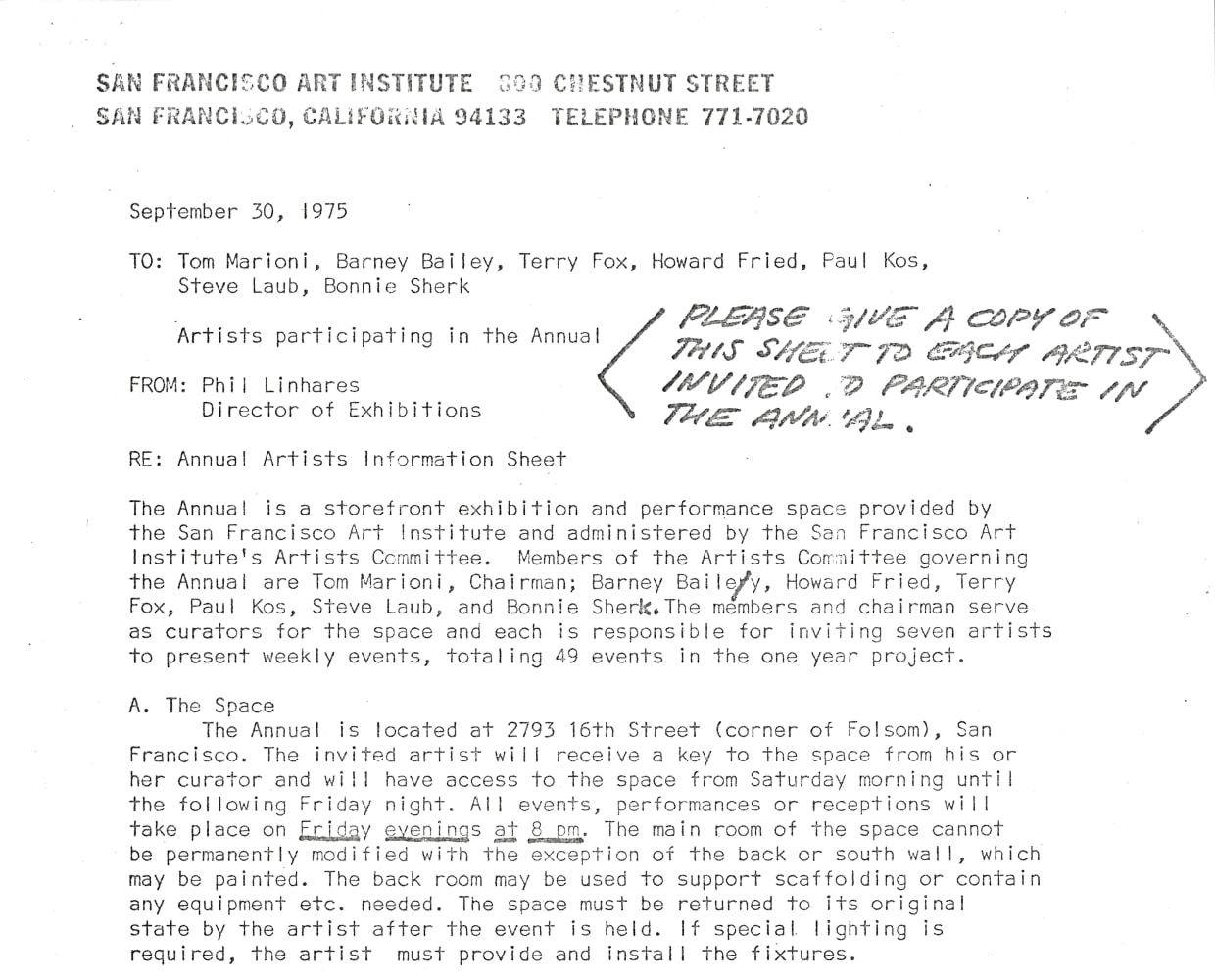 Excerpt from 1975-76 SFAI Annual invitation letter.