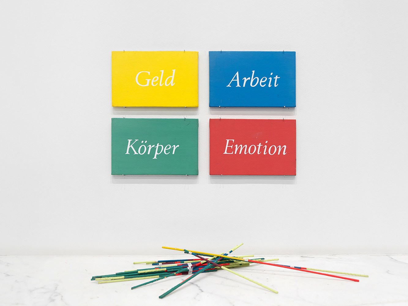 KP Brehmer

Ohne Titel (Untitled)

1970s

Emulsion paint on canvas and wooden sticks

4 boards, each: 6.3 x 9.6 inches; 16 x 24.5 cm

Sticks: 18.9 x 2 x 2 inches; 48 x 5 x 5 cm