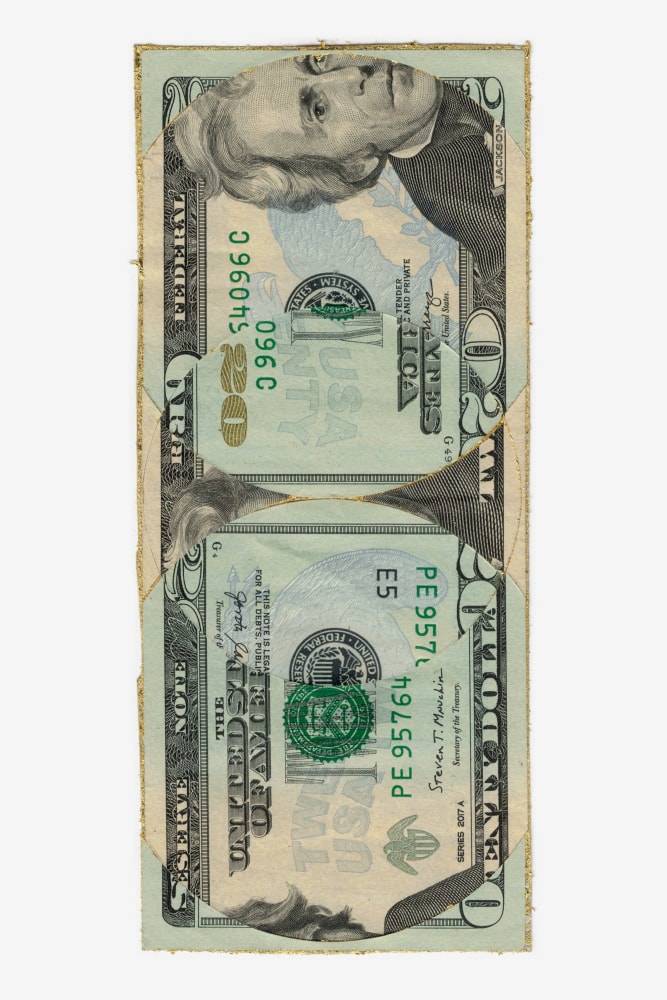 
WALEAD BESHTY

Blind Collage (Three 180&amp;deg; Rotations, United States Federal Reserve Twenty-Dollar Note)

2022

US Federal Reserve twenty-dollar note, tape, 24 karat gold leaf

6.1 x 2.6 inches / 15.6 x 6.5 cm


$2,000
&amp;nbsp;