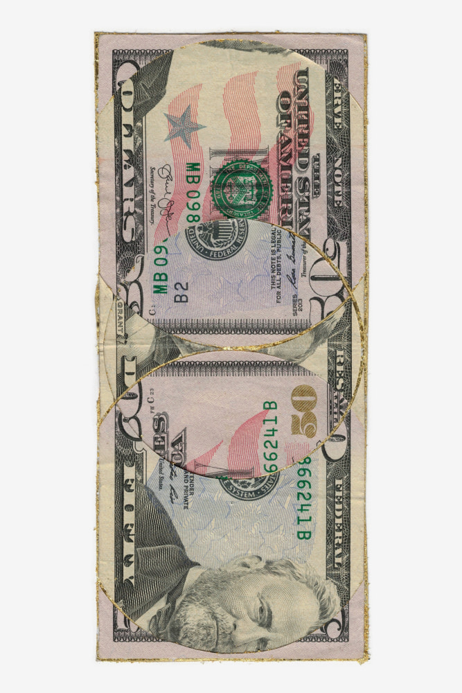 
WALEAD BESHTY

Blind Collage (Three 180&amp;deg; Rotations, United States Federal Reserve Fifty-Dollar Note)

2022

US Federal Reserve fifty-dollar note, tape, 24 karat gold leaf

6.1 x 2.6 inches / 15.6 x 6.5 cm


$5,000
&amp;nbsp;