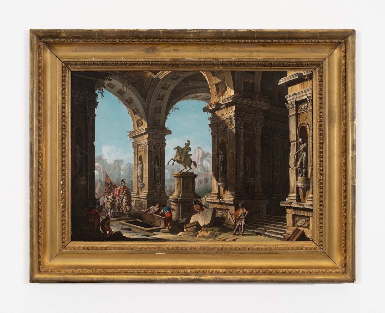 Antonio Joli (Modena, 1700 &amp;ndash; Naples, 1777)

A capriccio of a classical portico with Alexander the Great at the tomb of Achilles

Oil on canvas

17 x 24 inches

43.2 x 61 cm

(FP 23/040)