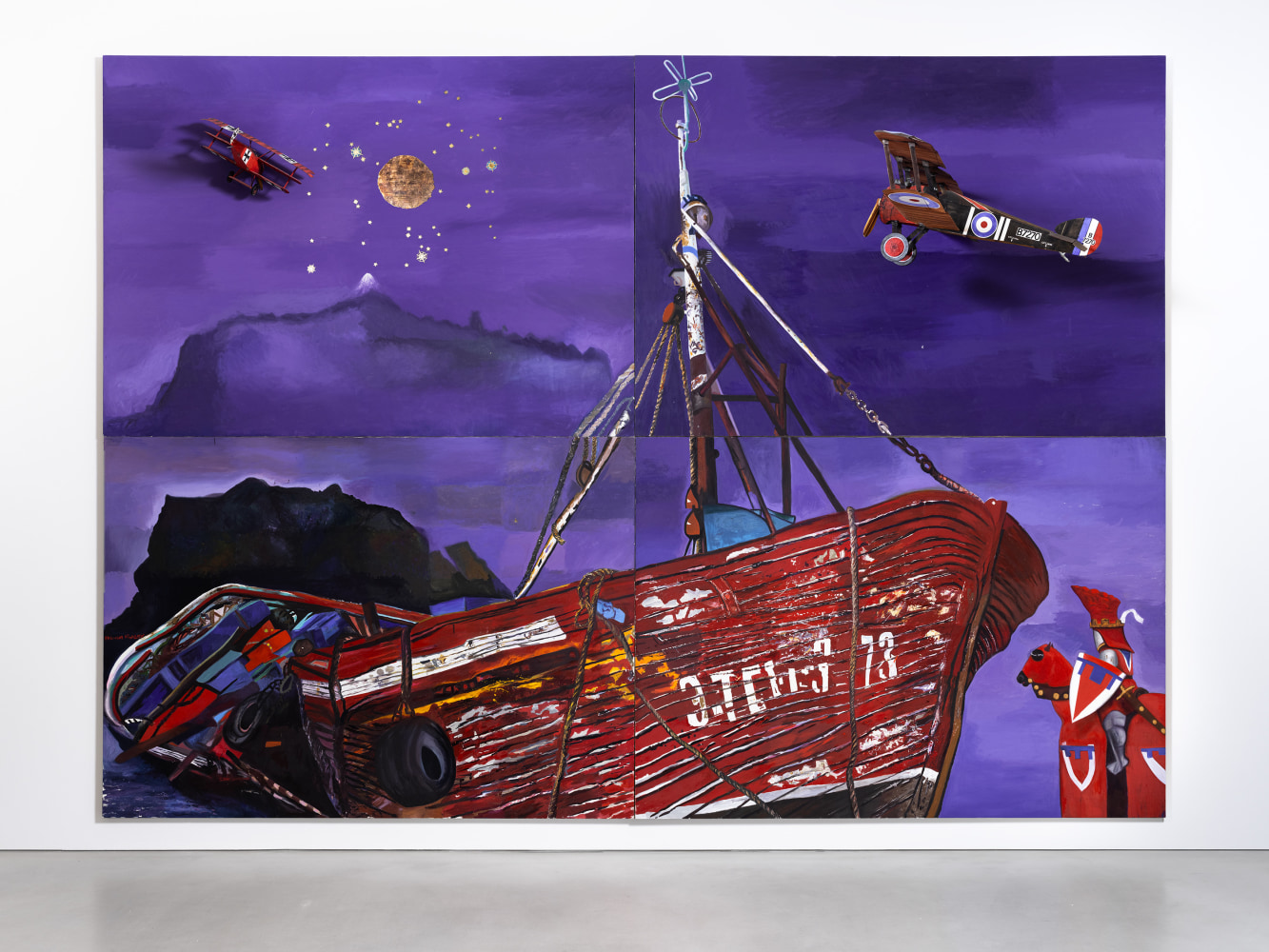 Malcolm Morley

The Oracle

1992

Oil and gold leaf on linen in four parts with attached model airplanes (paper and aluminum)

172 x 240 inches

436.9 x 609.6 cm

(MOR 22/119)

Private Collection