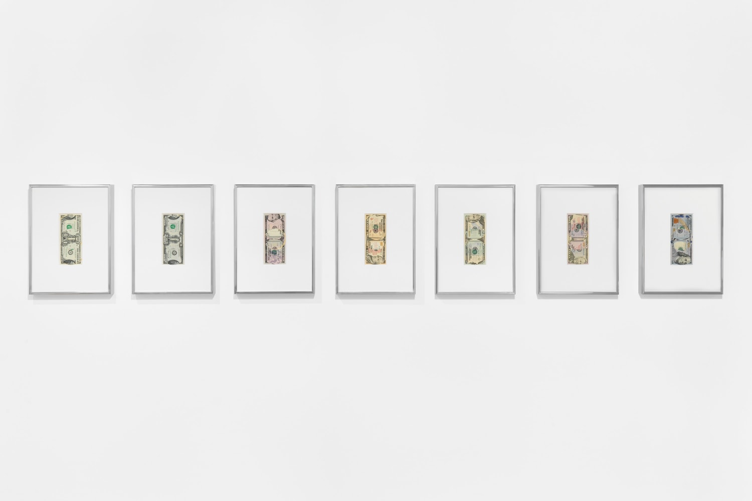 
WALEAD BESHTY

&amp;nbsp;

Blind Collages [Three 180&amp;ordm; Rotations (United States Federal Reserve One-Dollar Note: Series 2017, Issued by Federal Reserve Bank of New York City, New York, Printed in Washington, District of Columbia, Plate Position A4, Front Plate No. 68, Back Plate No. 62, Serial No. B33341065E, #32; United States Federal Reserve Two-Dollar Note: Series 1976, Issued by Federal Reserve Bank of Boston, Massachusetts, Printed in Washington, District of Columbia, Plate Position F4, Front Plate No. 21, Back Plate No. 23, Serial No. A11783463A, #10; United States Federal Reserve Five-Dollar Note: Series 2013, Issued by Federal Reserve Bank of San Francisco, California, Printed in Washington, District of Columbia, Plate Position F4, Front Plate No. 195, Back Plate No. 255, Serial No. ML63445418I, #4; United States Federal Reserve Ten-Dollar Note: Series 2017, Issued by Federal Reserve Bank of San Francisco, California, Printed in Washington, District of Columbia, Plate Position H4, Front Plate No. 25, Back Plate No. 57, Serial No. PL31886581A, #11; United States Federal Reserve Twenty-Dollar Note: Series 2017, Issued by Federal Reserve Bank of Richmond, Virginia, Printed in Washington, District of Columbia, Plate Position G4, Front Plate No. 49, Back Plate No. 55, Serial No. PE95764096C, #8; United States Federal Reserve Fifty-Dollar Note: Series 2013, Issued by Federal Reserve Bank of New York City, New York, Printed in Fort Worth, Texas, Plate Position C1, Front Plate No. 23, Back Plate No. 29, Serial No. MB09866241B, #5; United States Federal Reserve Bank One-Hundred-Dollar Note: Series 2009, Issued by Federal Reserve Bank of San Francisco, California, Printed in Fort Worth, Texas, Plate Position D1, Front Plate No. 580, Back Plate No. 463, Serial No. LL48325185H, #4)]

2023

&amp;nbsp;

US Federal Reserve dollar notes, tape, 24 karat gold leaf

7 pieces:&amp;nbsp;6.1 x 2.6 inches / 15.6 x 6.5 cm (each)

Frames: 12.9 x 9.4 inches / 23.8 x 32.6 cm (each)


$18,800

Frames $1,600
&amp;nbsp;