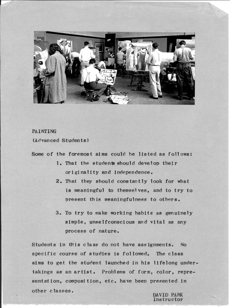 Course description of David Park’s advanced painting class, c. 1948. Image shows students working in the classroom, Frank Lobdell is possibly the second from right.
