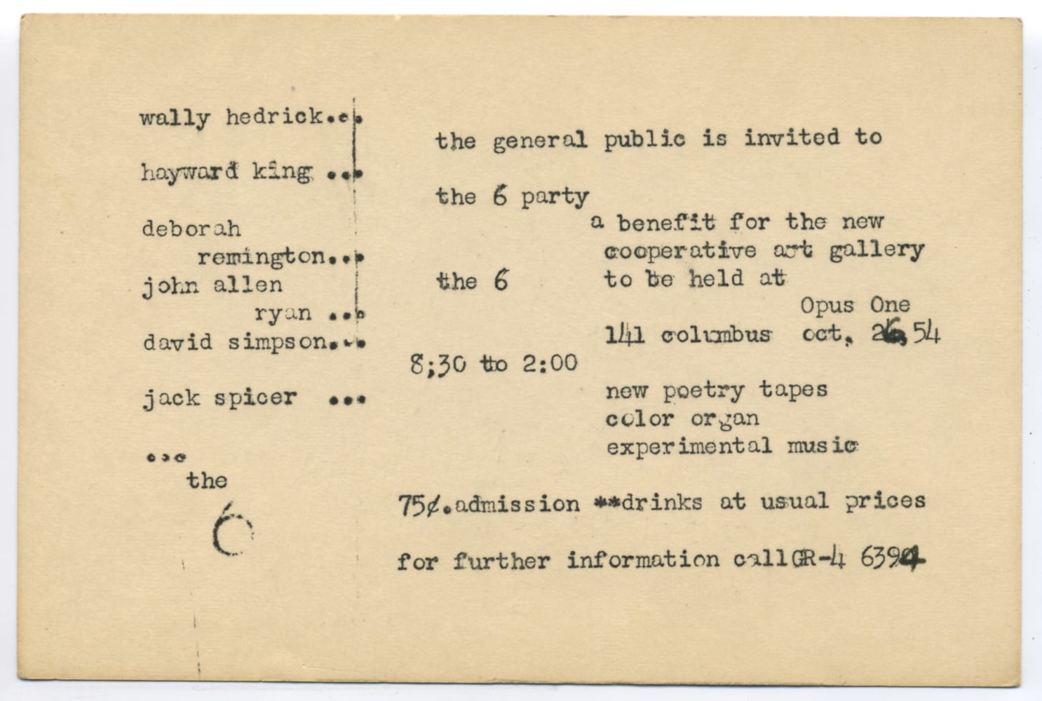 Invitation to the 6 Party, to benefit the opening of the 6 Gallery, 1954.