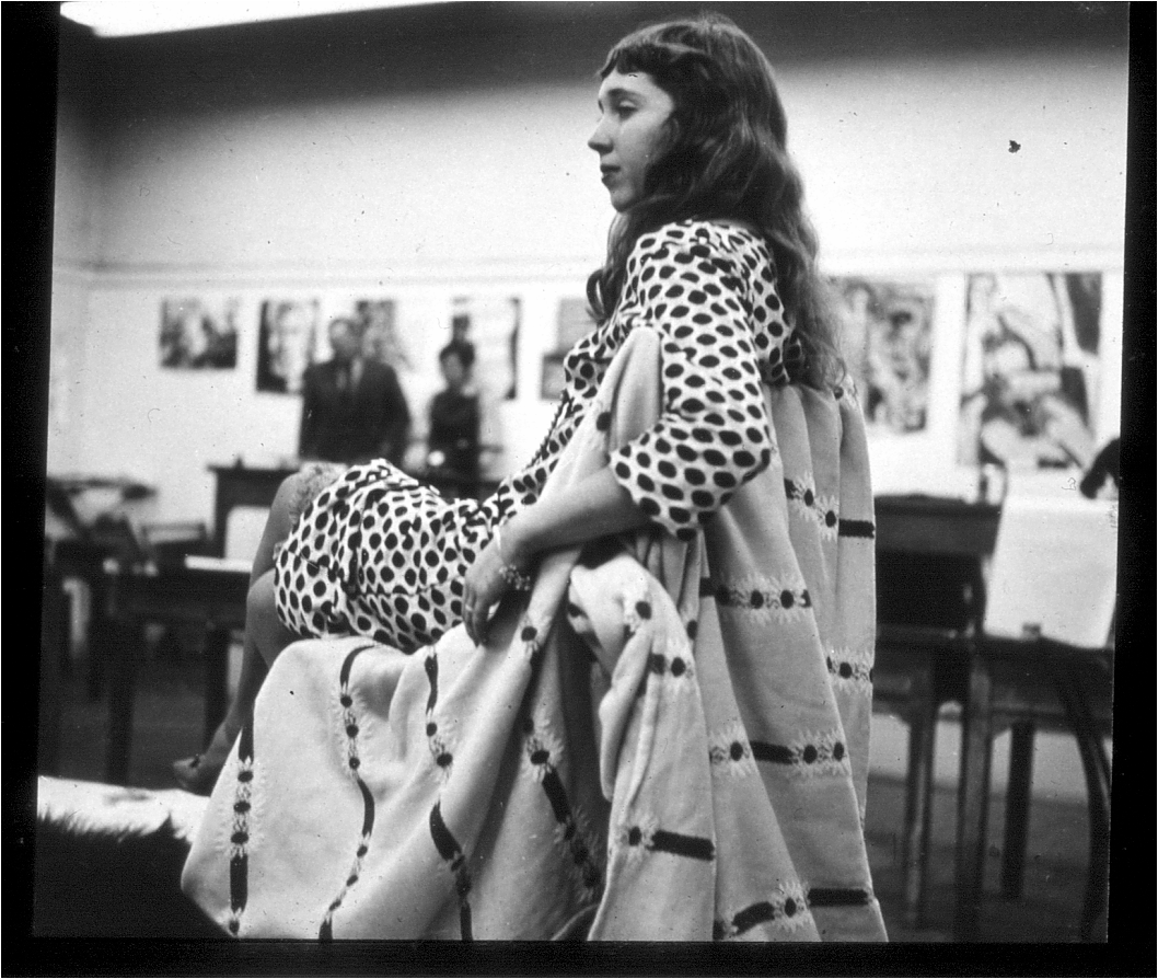 Joan Brown modeling at CSFA as a student, c. 1958.