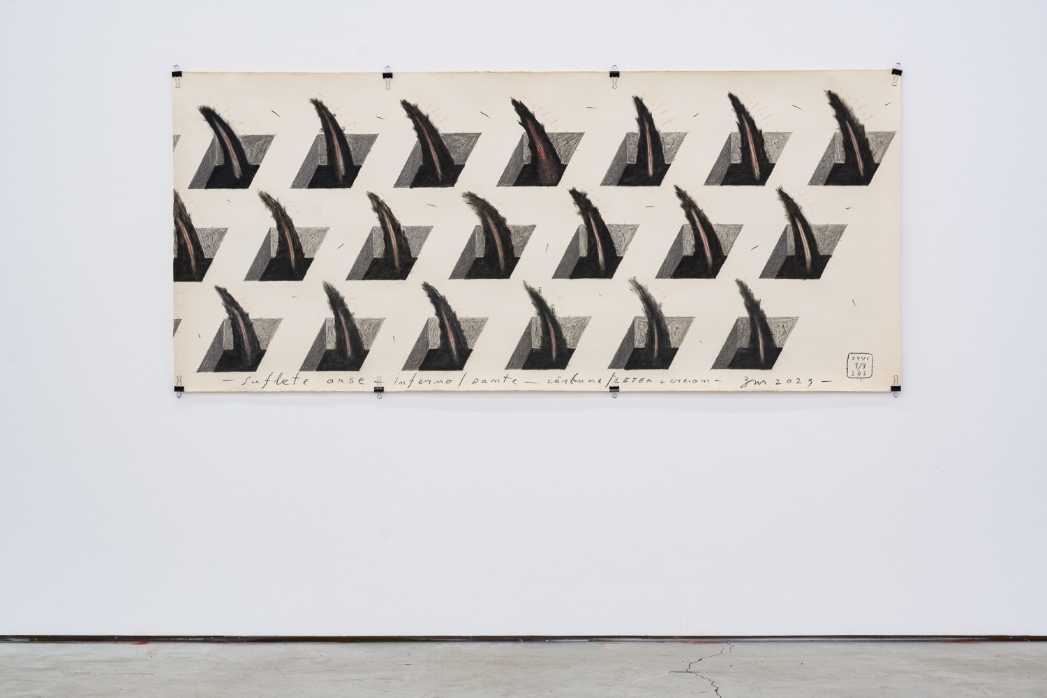 Marian Zidaru &amp;nbsp; &amp;nbsp; &amp;nbsp;
Burnt souls, 2023
Charcoal on paper
240x105 cm