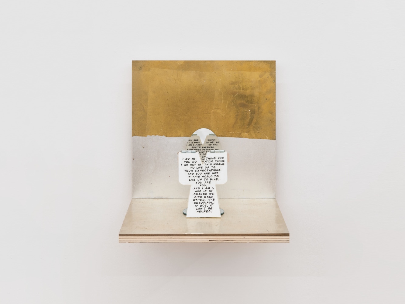 Aviva&amp;nbsp;Silverman
You are you, and I am I, 2018
plywood, silver and gold leaf, hinges, mirror
11.50h x 11.25w x 11.50d in
29.21h x 28.57w x 29.21d cm