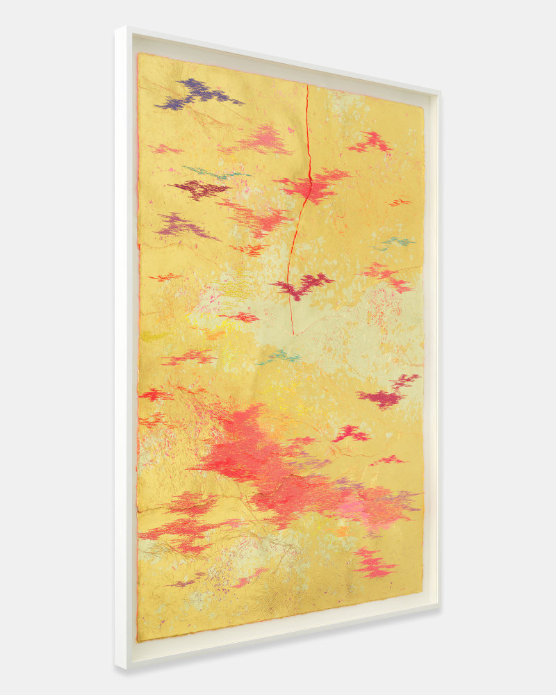 Jessie Henson Repair (Weather), 2023 16, 18 and 24K gold with Beva, acrylic gouache, and polyester thread on paper in 5 parts Framed Dimensions: 63 7/8 x 45 1/2 x 2 3/8 inches 162.1 x 115.4 x 6 cm Paper Dimensions: 60 x 41 inches 152.4 x 104.1 cm