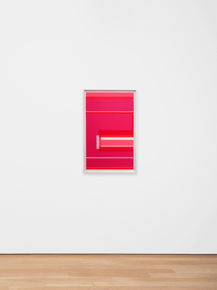 Kate Shepherd, Nina Simone Sings Pirate Jenny #104, 2020,  Screen print on coventry rag paper, 40 x 25 inches, dark pink, light pink, and white stripes, protest poster, geometric design