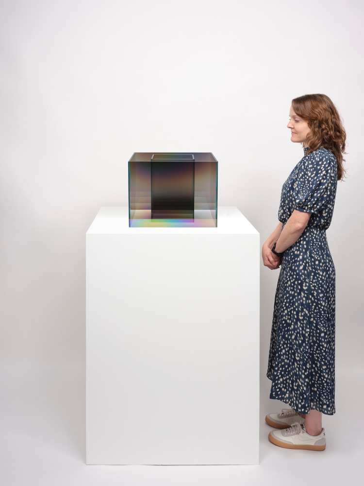 Larry Bell UNTITLED COATED SS (Mist), 2020 Laminated glass coated with inconel and silicon monoxide Overall dimensions: 12 x 16 x 16 inches 30.48 x 40.64 x 40.64 cm