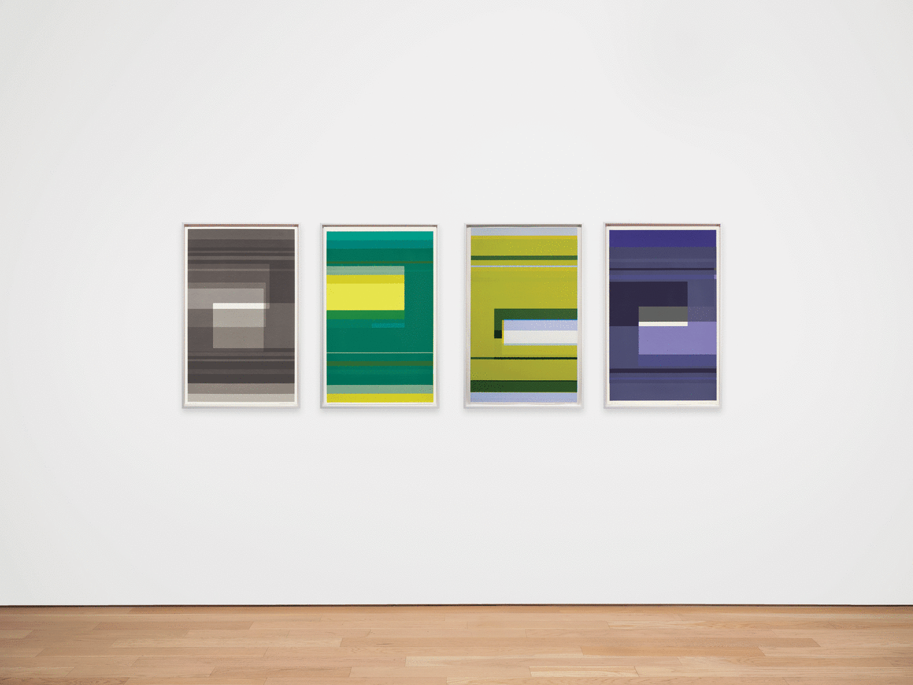 ALT="Kate Shepherd, News of This Day #46, 2021, Screen print on coventry rag paper, unique  40 x 25 inches, installation view with four framed pieces in a row"
