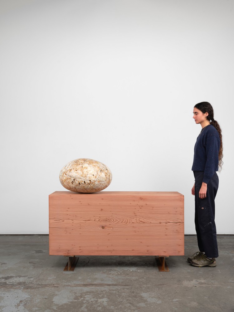 Jesse Schlesinger ants and pebble In the thin loam, each rock a word a creek washed stone Granite: ingrained., 2025 Redwood (salvaged), granite and steel 47 x 55 x 18 inches 119.4 x 139.7 x 45.7 cm