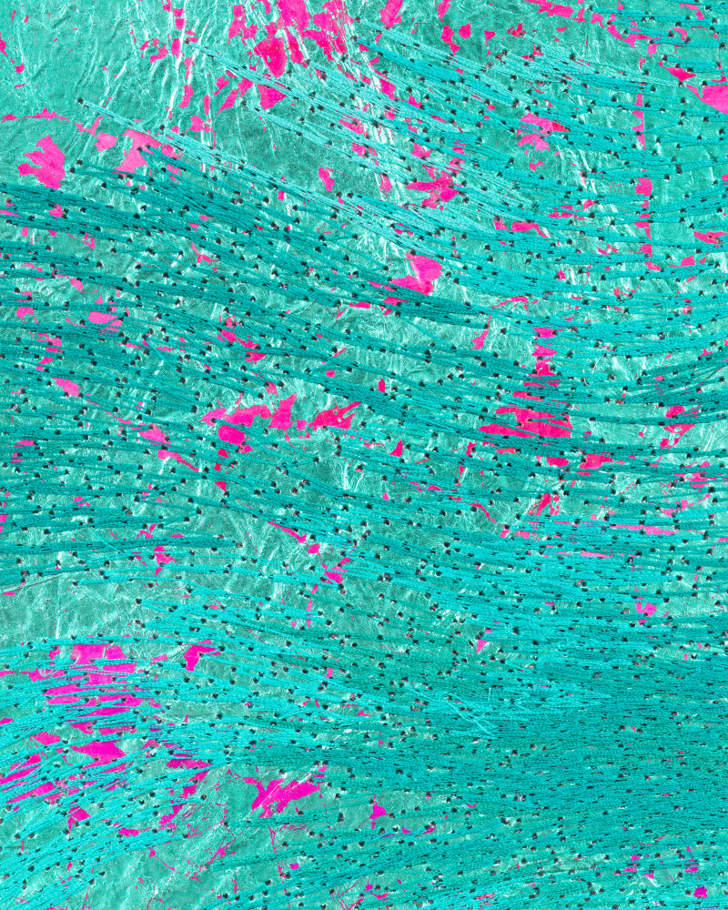 Jessie Henson The Gems and Minerals Department II, 2023 Japanese silver leaf with Beva, acrylic gouache, and polyester thread on paper Framed Dimensions: 12 1/2 x 10 x 1 1/2 inches 31.8 x 25.4 x 3.8 cm Paper Dimensions: 10 1/8 x 7 5/8 inches 25.7 x 19.4 cm