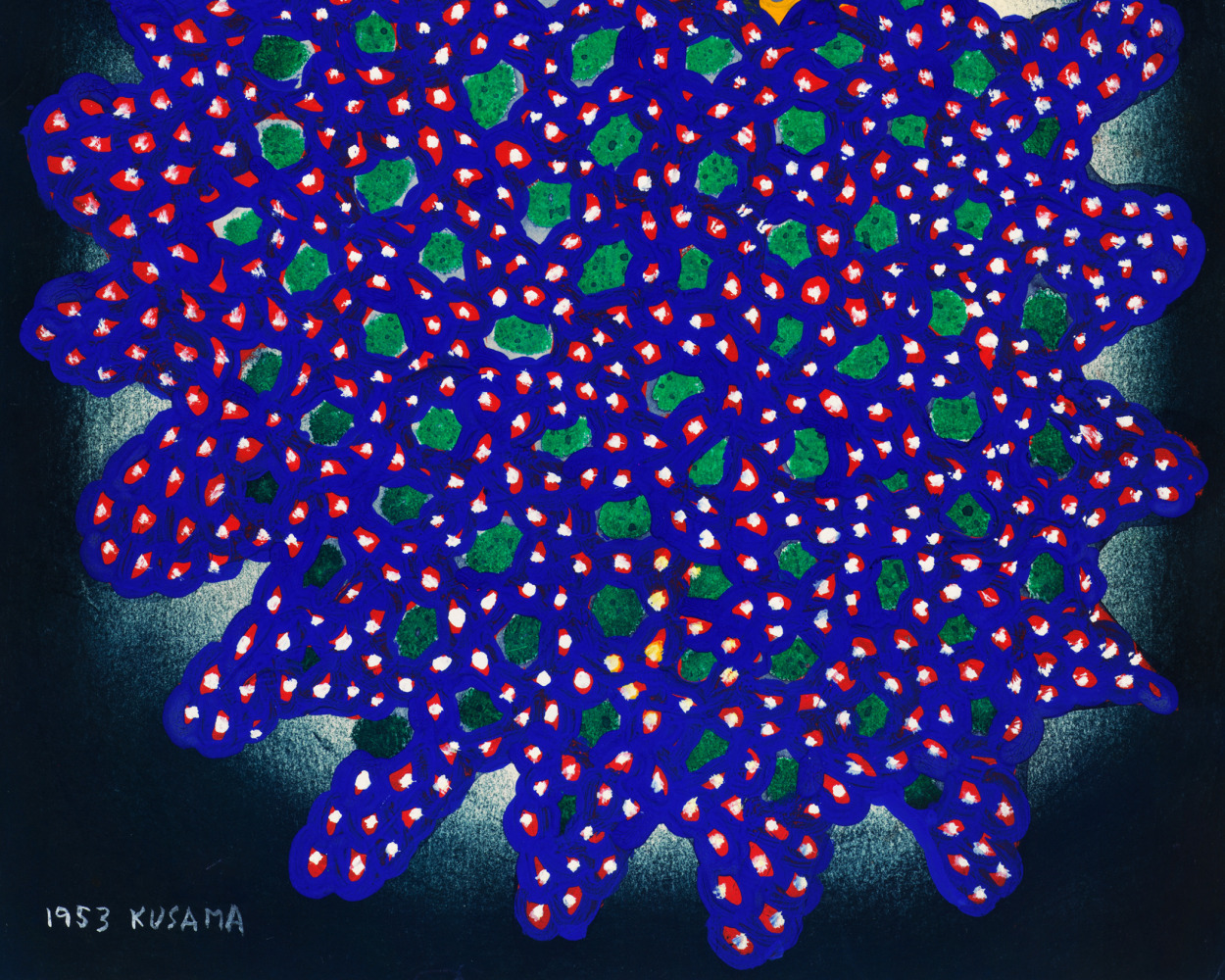 Yayoi Kusama Nets Flower no. Q121, 1953 / 1964 Gouache on paper 13 3/8 x 11 5/8 inches 33.5 x 29.5 cm