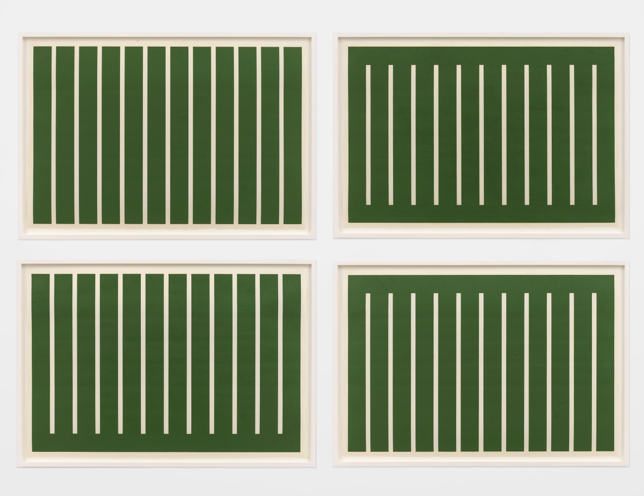 Donald Judd
Untitled, 1991
Set of four woodcuts printed in Oxide of Chromium on Mitsumata handmade paper
Framed Dimensions:
28 7/8 x 41 5/8 x 1 5/8 inches, each
73.3 x 105.7 x 4.1 cm, each
Paper Dimensions:
26 3/8 x 39 inches, each
67 x 99.1 cm, each
AP 6 of 10. Edition of 25, plus 10 AP