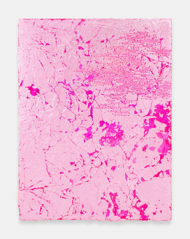 Jessie Henson The Gems and Minerals Department III, 2023 Japanese silver leaf with Beva, acrylic gouache, and polyester thread on paper Framed Dimensions: 12 1/2 x 10 x 1 1/2 inches 31.8 x 25.4 x 3.8 cm Paper Dimensions: 10 1/8 x 7 5/8 inches 25.7 x 19.4 cm