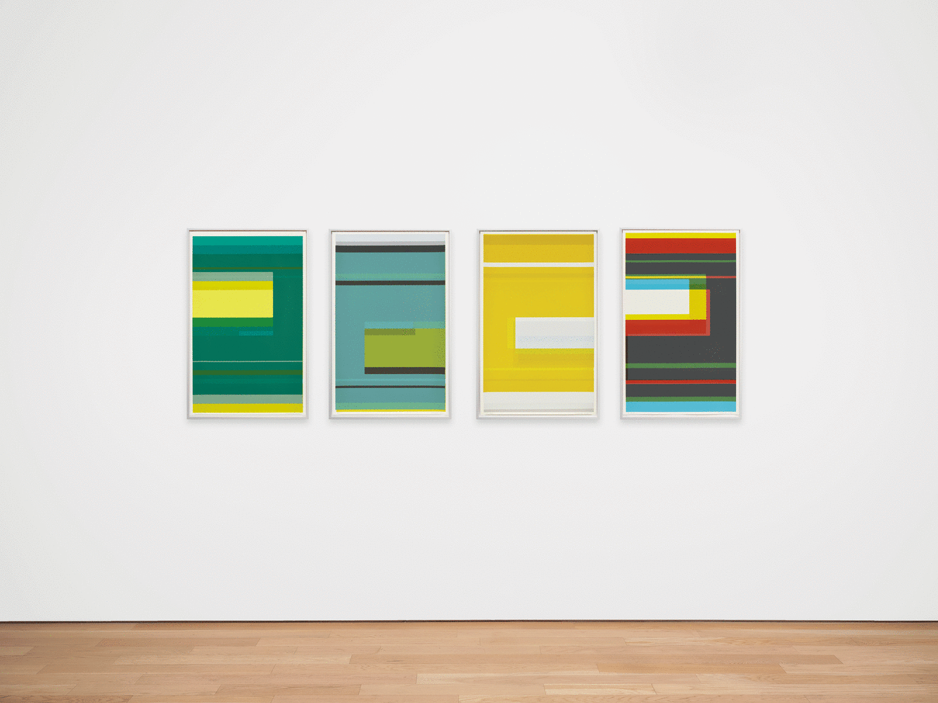 ALT="Kate Shepherd , News of This Day #48, 2021, Screen print on coventry rag paper, unique  40 x 25 inches, installation view with four works in a row, dark green, teal, yellow, multicolor"
