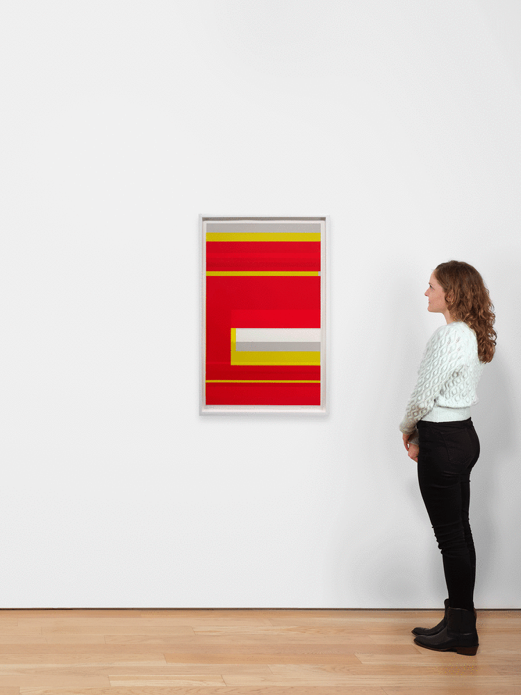 Kate Shepherd,  Nina Simone Sings Pirate Jenny #84A, 2019,  Screenprint on coventry rag paper,  40 by 25 inches, red, yellow, grey, and white protest poster, scale view with a person in the image